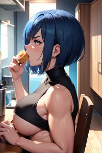 anime,muscular,huge boobs,20s age,angry face,blue hair,bobcut hair style,light skin,soft anime,kitchen,side view,eating,goth