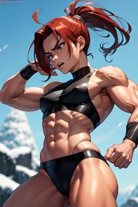 anime,muscular,small tits,20s age,angry face,ginger,ponytail hair style,dark skin,comic,snow,front view,on back,fishnet