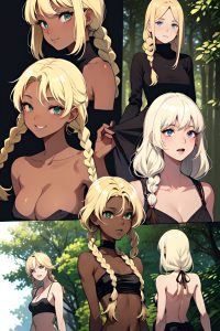 anime,skinny,small tits,80s age,laughing face,blonde,braided hair style,dark skin,soft + warm,forest,front view,on back,goth