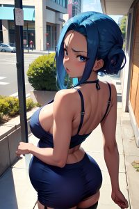 anime,pregnant,small tits,80s age,angry face,blue hair,slicked hair style,dark skin,soft anime,mall,back view,cooking,stockings