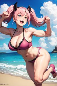 anime,muscular,huge boobs,40s age,laughing face,pink hair,pigtails hair style,light skin,dark fantasy,beach,front view,jumping,bra