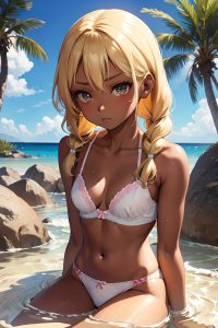 anime,skinny,small tits,80s age,serious face,blonde,braided hair style,dark skin,soft + warm,desert,front view,bathing,bra