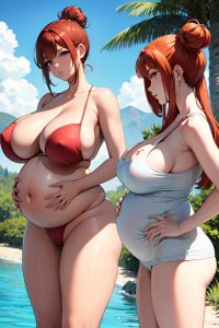 anime,pregnant,huge boobs,18 age,serious face,ginger,hair bun hair style,light skin,skin detail (beta),oasis,side view,yoga,partially nude
