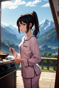 anime,skinny,small tits,50s age,serious face,black hair,ponytail hair style,light skin,painting,mountains,side view,cooking,pajamas