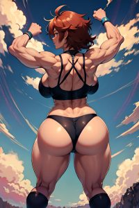 anime,muscular,huge boobs,40s age,happy face,ginger,messy hair style,dark skin,warm anime,club,back view,jumping,goth