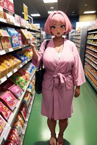 anime,chubby,small tits,40s age,angry face,pink hair,bobcut hair style,dark skin,crisp anime,grocery,front view,yoga,bathrobe