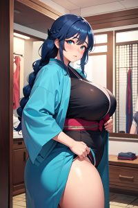 anime,chubby,huge boobs,30s age,sad face,blue hair,braided hair style,dark skin,charcoal,changing room,front view,massage,kimono