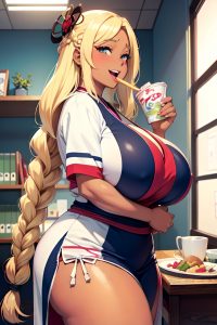 anime,chubby,huge boobs,60s age,laughing face,blonde,braided hair style,dark skin,comic,office,front view,eating,geisha