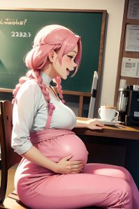 anime,pregnant,small tits,20s age,laughing face,pink hair,braided hair style,light skin,film photo,cafe,side view,straddling,teacher