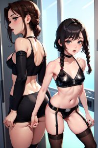 anime,skinny,small tits,20s age,ahegao face,brunette,braided hair style,light skin,cyberpunk,changing room,front view,jumping,stockings