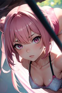 anime,skinny,small tits,50s age,serious face,pink hair,hair bun hair style,light skin,soft + warm,cave,close-up view,yoga,fishnet