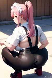 anime,chubby,huge boobs,18 age,sad face,pink hair,slicked hair style,light skin,warm anime,prison,back view,squatting,maid