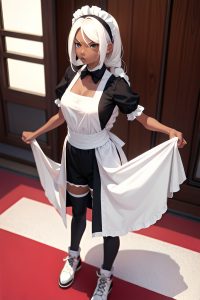 anime,skinny,small tits,60s age,angry face,white hair,braided hair style,dark skin,3d,party,front view,working out,maid