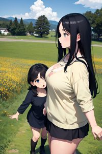 anime,chubby,small tits,30s age,shocked face,black hair,straight hair style,light skin,crisp anime,meadow,side view,t-pose,goth