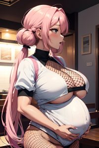 anime,pregnant,huge boobs,40s age,orgasm face,pink hair,pigtails hair style,dark skin,crisp anime,restaurant,side view,cumshot,fishnet