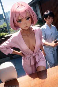 anime,skinny,small tits,50s age,serious face,pink hair,bobcut hair style,dark skin,film photo,wedding,front view,working out,bathrobe
