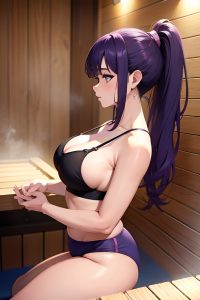 anime,chubby,small tits,60s age,seductive face,purple hair,ponytail hair style,dark skin,cyberpunk,sauna,side view,yoga,bra
