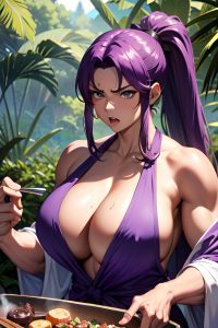 anime,muscular,huge boobs,18 age,angry face,purple hair,ponytail hair style,dark skin,vintage,jungle,close-up view,cooking,bathrobe