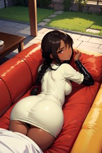 anime,pregnant,small tits,60s age,serious face,brunette,braided hair style,dark skin,warm anime,couch,back view,sleeping,latex
