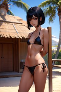 anime,skinny,small tits,70s age,serious face,black hair,bobcut hair style,dark skin,soft + warm,desert,front view,massage,bikini