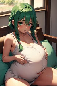 anime,pregnant,small tits,40s age,shocked face,green hair,braided hair style,dark skin,vintage,couch,front view,cooking,teacher