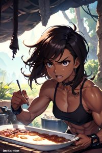 anime,muscular,small tits,80s age,angry face,brunette,messy hair style,dark skin,watercolor,cave,side view,cooking,goth