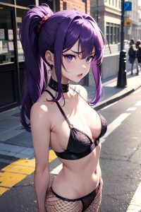 anime,busty,small tits,18 age,angry face,purple hair,messy hair style,light skin,vintage,street,side view,bathing,fishnet