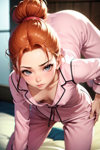 anime,skinny,small tits,50s age,pouting lips face,ginger,hair bun hair style,light skin,soft + warm,bar,close-up view,bending over,pajamas