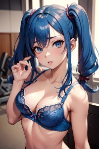 anime,busty,small tits,30s age,seductive face,blue hair,pigtails hair style,dark skin,film photo,gym,close-up view,t-pose,bra