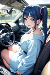 anime,chubby,small tits,40s age,happy face,blue hair,pigtails hair style,light skin,illustration,car,close-up view,jumping,bathrobe