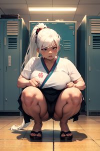 anime,chubby,small tits,60s age,angry face,white hair,ponytail hair style,dark skin,cyberpunk,locker room,front view,squatting,geisha