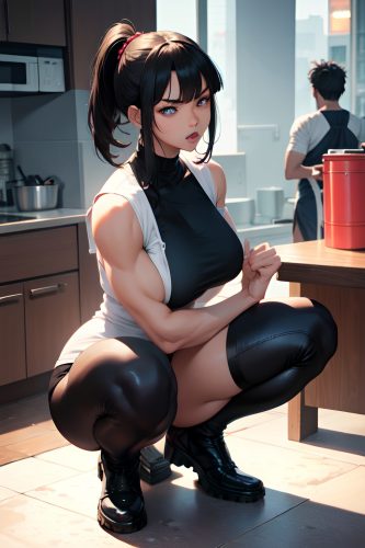 anime,muscular,huge boobs,20s age,angry face,black hair,bangs hair style,dark skin,cyberpunk,kitchen,front view,squatting,nurse