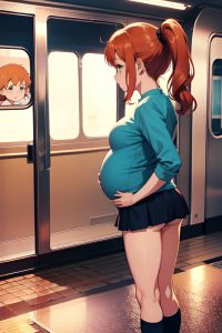 anime,pregnant,small tits,70s age,shocked face,ginger,pixie hair style,dark skin,soft anime,train,back view,bathing,mini skirt