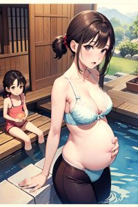 anime,pregnant,small tits,60s age,shocked face,brunette,straight hair style,light skin,watercolor,onsen,front view,eating,bra