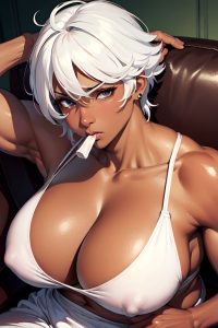anime,muscular,huge boobs,80s age,sad face,white hair,pixie hair style,dark skin,skin detail (beta),couch,close-up view,eating,pajamas