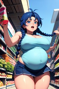 anime,pregnant,huge boobs,80s age,shocked face,blue hair,braided hair style,dark skin,3d,grocery,close-up view,jumping,mini skirt