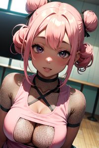 anime,chubby,small tits,20s age,ahegao face,pink hair,hair bun hair style,dark skin,film photo,cafe,close-up view,t-pose,fishnet