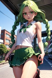 anime,skinny,small tits,70s age,angry face,green hair,braided hair style,dark skin,3d,bus,close-up view,jumping,mini skirt