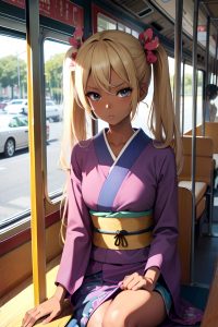 anime,skinny,small tits,70s age,serious face,blonde,pigtails hair style,dark skin,vintage,bus,front view,plank,kimono