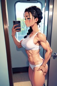 anime,muscular,small tits,50s age,orgasm face,black hair,braided hair style,light skin,mirror selfie,train,side view,yoga,nurse