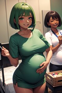 anime,pregnant,small tits,20s age,laughing face,green hair,bobcut hair style,dark skin,charcoal,hospital,close-up view,on back,nurse
