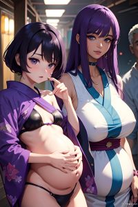 anime,pregnant,small tits,70s age,seductive face,purple hair,bangs hair style,dark skin,cyberpunk,cave,close-up view,plank,kimono