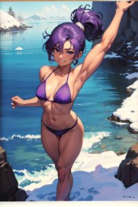 anime,muscular,small tits,50s age,happy face,purple hair,messy hair style,dark skin,watercolor,snow,front view,on back,bikini