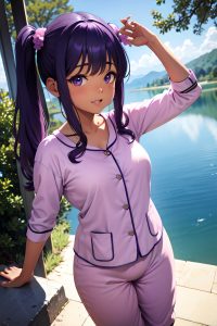 anime,chubby,small tits,80s age,seductive face,purple hair,pigtails hair style,dark skin,vintage,lake,close-up view,jumping,pajamas