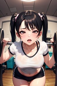 anime,busty,small tits,50s age,ahegao face,black hair,pigtails hair style,light skin,illustration,gym,front view,working out,nurse