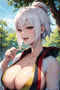 anime,muscular,huge boobs,20s age,laughing face,white hair,pixie hair style,light skin,soft anime,forest,close-up view,cumshot,kimono