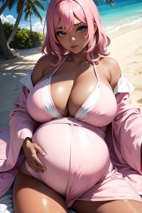 anime,pregnant,huge boobs,70s age,pouting lips face,pink hair,slicked hair style,dark skin,soft + warm,beach,close-up view,spreading legs,bathrobe