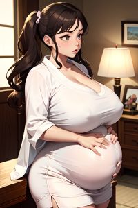anime,pregnant,huge boobs,50s age,serious face,brunette,pigtails hair style,light skin,skin detail (beta),desert,side view,gaming,bathrobe