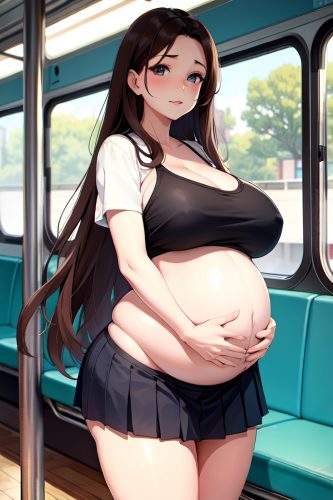 anime,pregnant,huge boobs,50s age,seductive face,brunette,straight hair style,light skin,watercolor,bus,back view,eating,schoolgirl