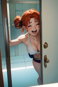 anime,busty,small tits,70s age,laughing face,ginger,pixie hair style,light skin,3d,changing room,close-up view,t-pose,geisha